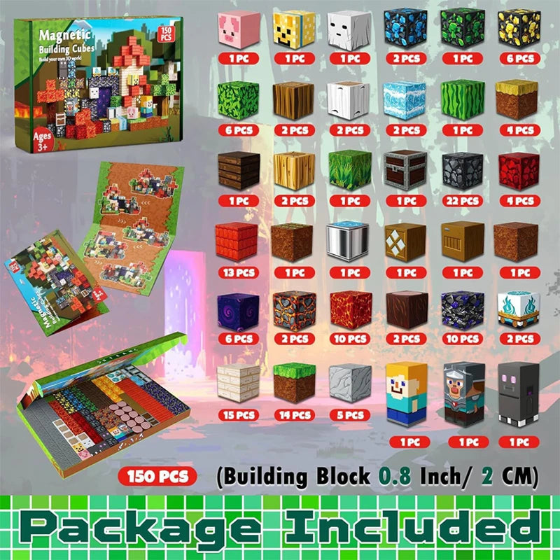 Image showing the full contents of a 150-piece magnetic building cube set, including a wide variety of pixel-style blocks, character pieces, accessories, and a storage box with instruction booklet; designed for creative STEM construction play.