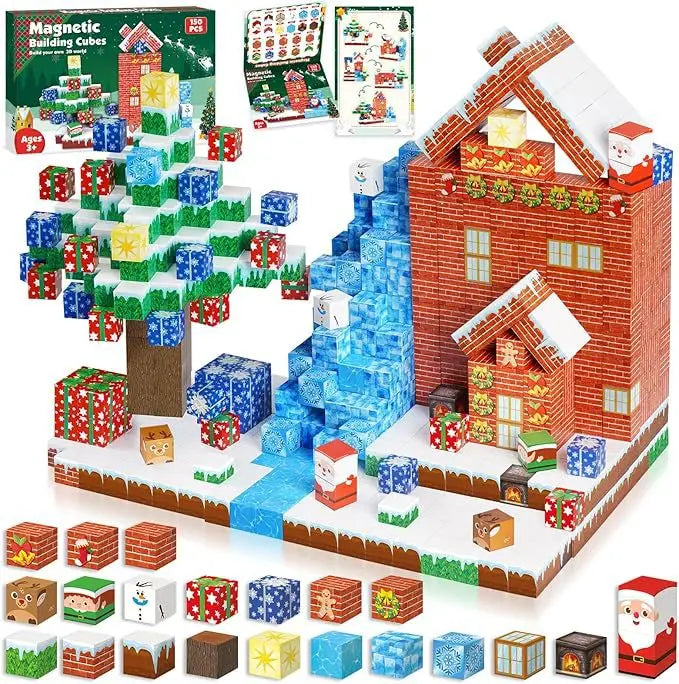 150-piece magnetic Christmas building cubes set creating a winter village scene with a brick house, snowy tree, ice waterfall and festive characters. Colourful STEM construction toy for kids, sensory building play, holiday learning activity