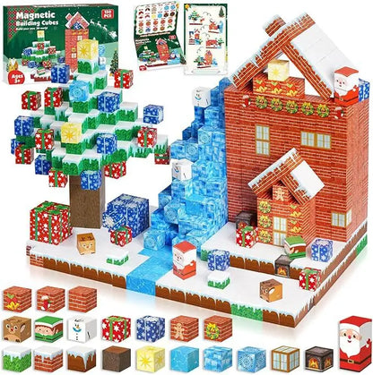 150-piece magnetic Christmas building cubes set creating a winter village scene with a brick house, snowy tree, ice waterfall and festive characters. Colourful STEM construction toy for kids, sensory building play, holiday learning activity