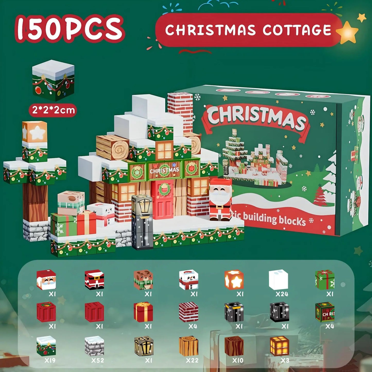 150-piece magnetic Christmas cottage building block set with festive cubes, Santa figure, presents, snowy roof blocks, Christmas wreaths and decorative trees. Holiday STEM construction toy for kids supporting sensory play, creativity, fine motor skills and imaginative building