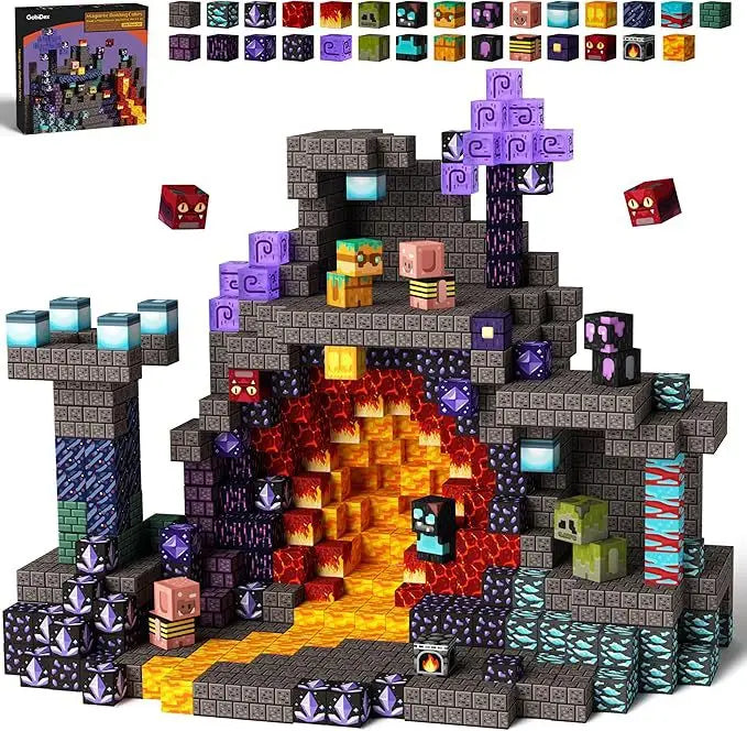 150-piece magnetic lava world building cubes set featuring a Minecraft-style nether fortress with glowing lava blocks, dark stone cubes, purple crystals, character figures and fantasy terrain. STEM construction toy for kids supporting sensory play, fine motor skills, creativity and imaginative building
