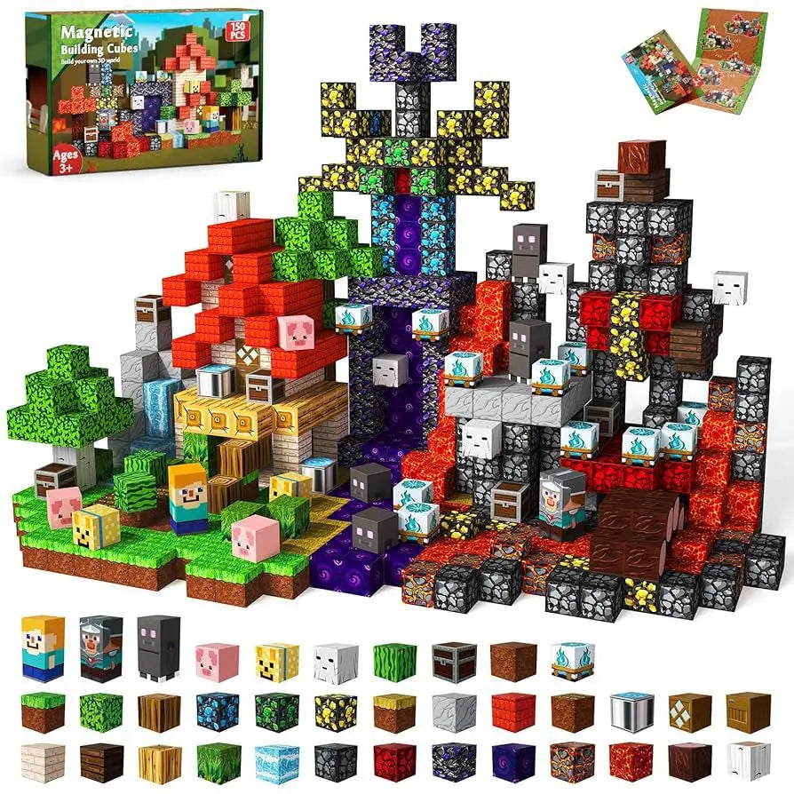 150-piece magnetic pixel-style building cube set arranged into a colourful landscape with houses, trees, lava, waterfalls, and characters; includes a variety of block designs, instruction cards, and the product box for creative STEM play.