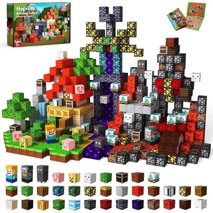 150-piece magnetic pixel-style building cube set arranged into a colourful landscape with houses, trees, lava, waterfalls, and characters; includes a variety of block designs, instruction cards, and the product box for creative STEM play.