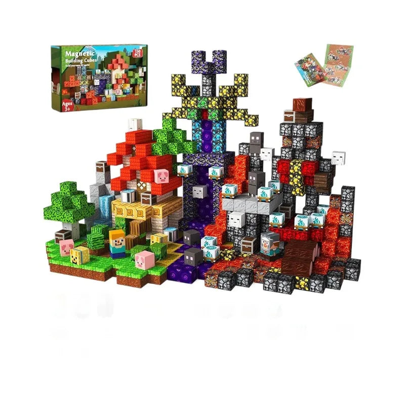 Colourful 150-piece magnetic pixel-style building cube set arranged into a detailed scene with houses, trees, characters, lava, and waterfalls, shown alongside the product box and instruction cards; a creative STEM construction toy for kids.