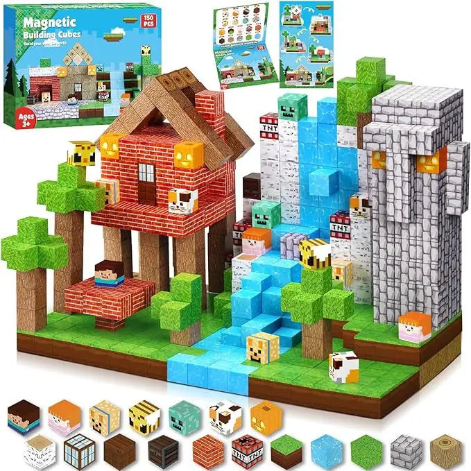 150-piece magnetic treehouse waterfall building cubes set featuring a brick treehouse, flowing water blocks, stone structures, character cubes, TNT blocks, animals and grassy terrain. Minecraft-style STEM construction toy for kids supporting sensory play, fine motor skills, creativity and imaginative building