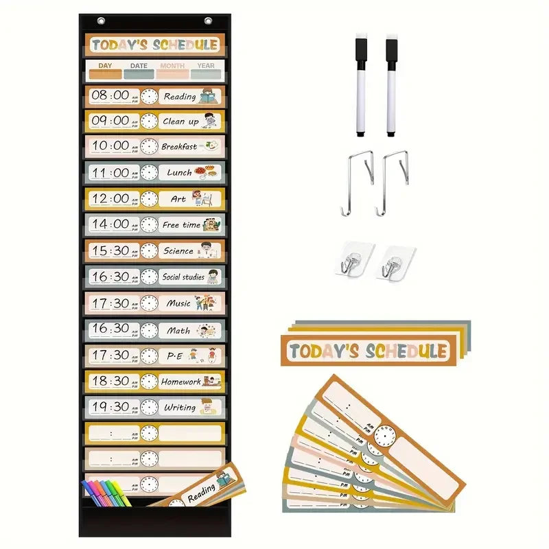 Boho 18-pocket daily schedule pocket chart hanging on door