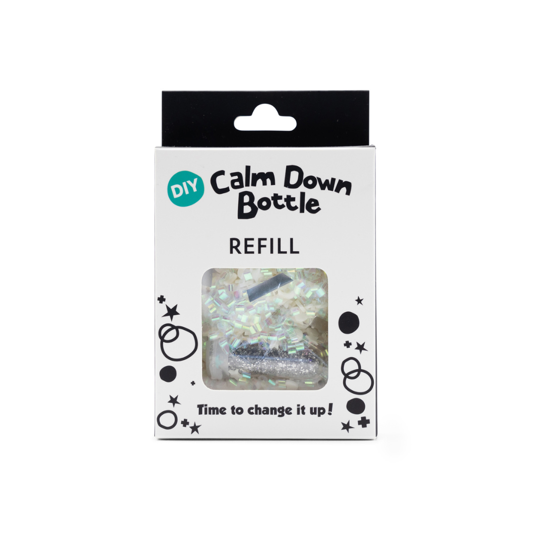 Package of DIY Calm Down Bottle refill with a clear bottle inside on a white background