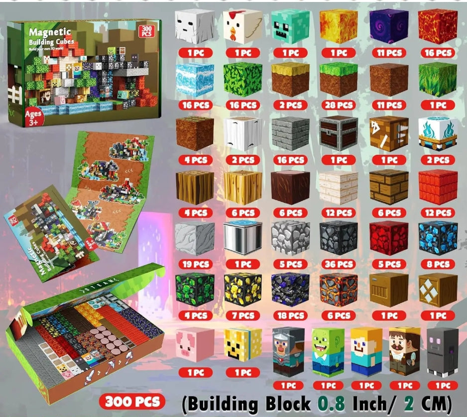 300-piece magnetic building cube set showing all block types and quantities, including character cubes, lava blocks, water blocks, grass cubes, stone textures, wood blocks, treasure chests and fantasy elements. Minecraft-style STEM construction toy for kids supporting sensory play, creativity, fine motor skills and imaginative building