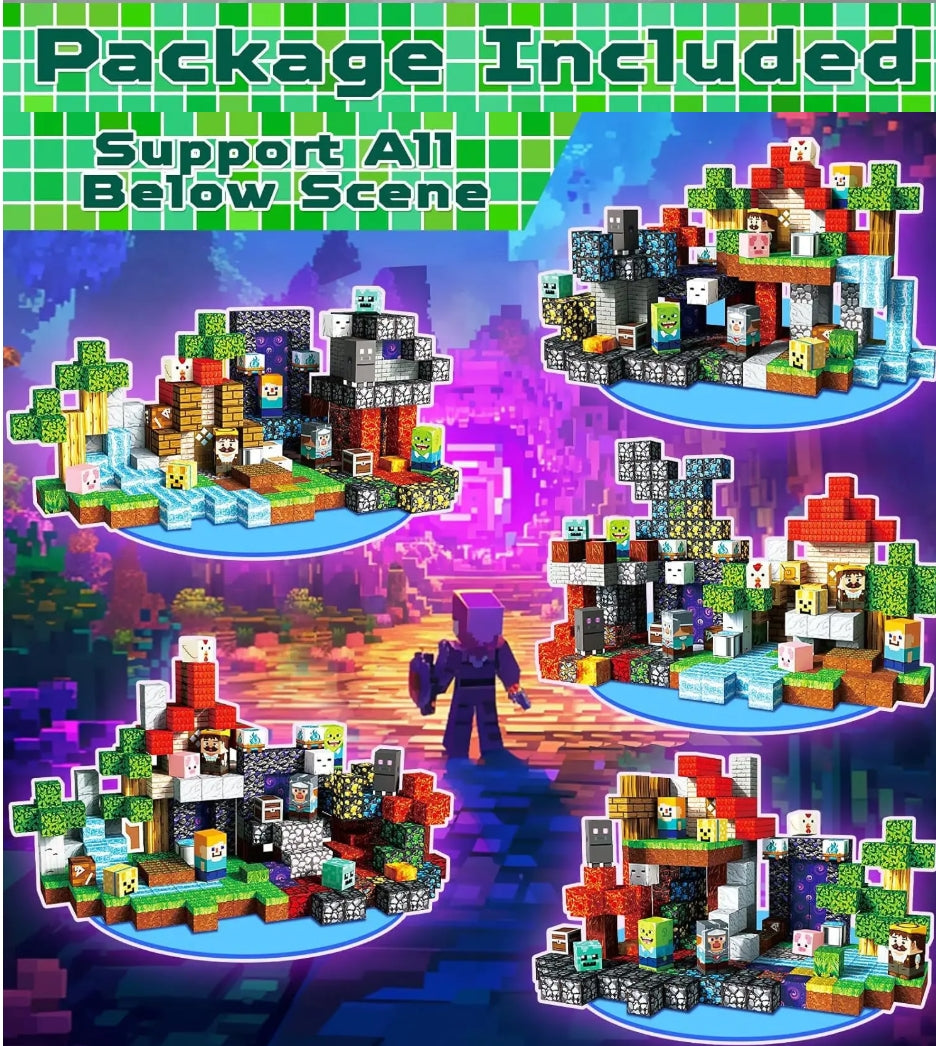 Colorful building block sets with various structures on a vibrant background