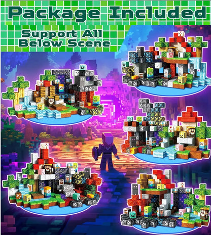 Colorful building block sets with various structures on a vibrant background