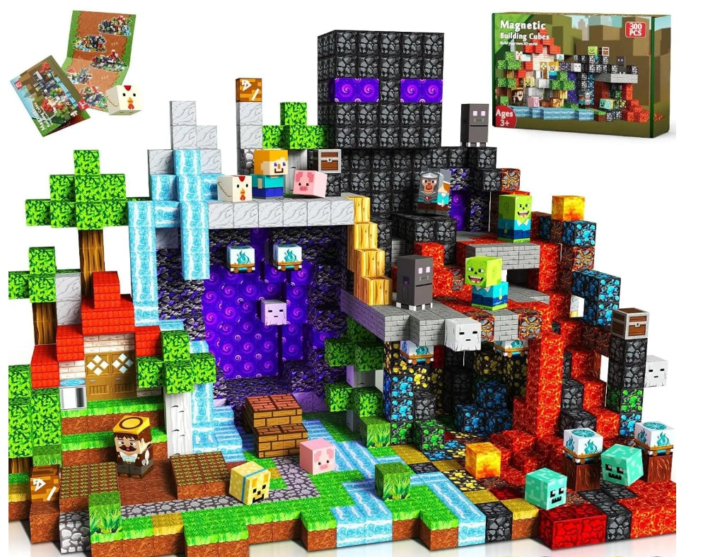 300-piece magnetic fantasy mountain building cubes set featuring a glowing portal, lava blocks, waterfalls, trees, character cubes, monsters, treasure chests and multicolour terrain. Minecraft-style STEM construction toy for kids supporting sensory play, fine motor skills, creativity and imaginative adventure building