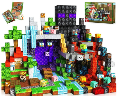 300-piece magnetic fantasy mountain building cubes set featuring a glowing portal, lava blocks, waterfalls, trees, character cubes, monsters, treasure chests and multicolour terrain. Minecraft-style STEM construction toy for kids supporting sensory play, fine motor skills, creativity and imaginative adventure building