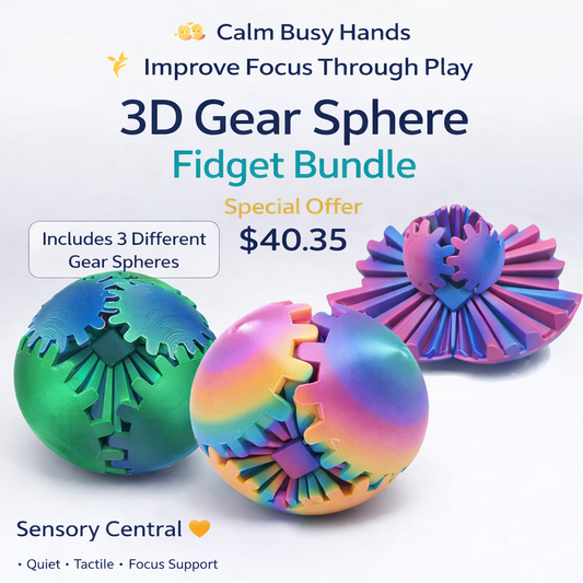 3D Gear Sphere Fidget Bundle with colorful design on a white background