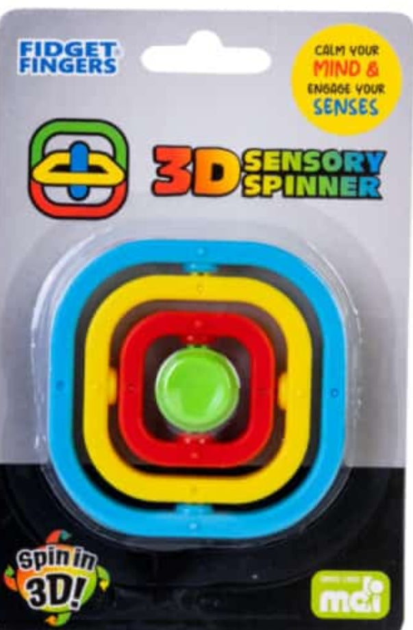 3D sensory spinner toy in packaging with colorful design