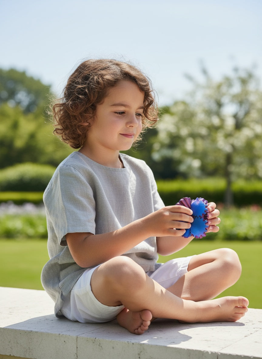 Child sitting outdoors holding a blue  3D fidget spinner with greenery in the background