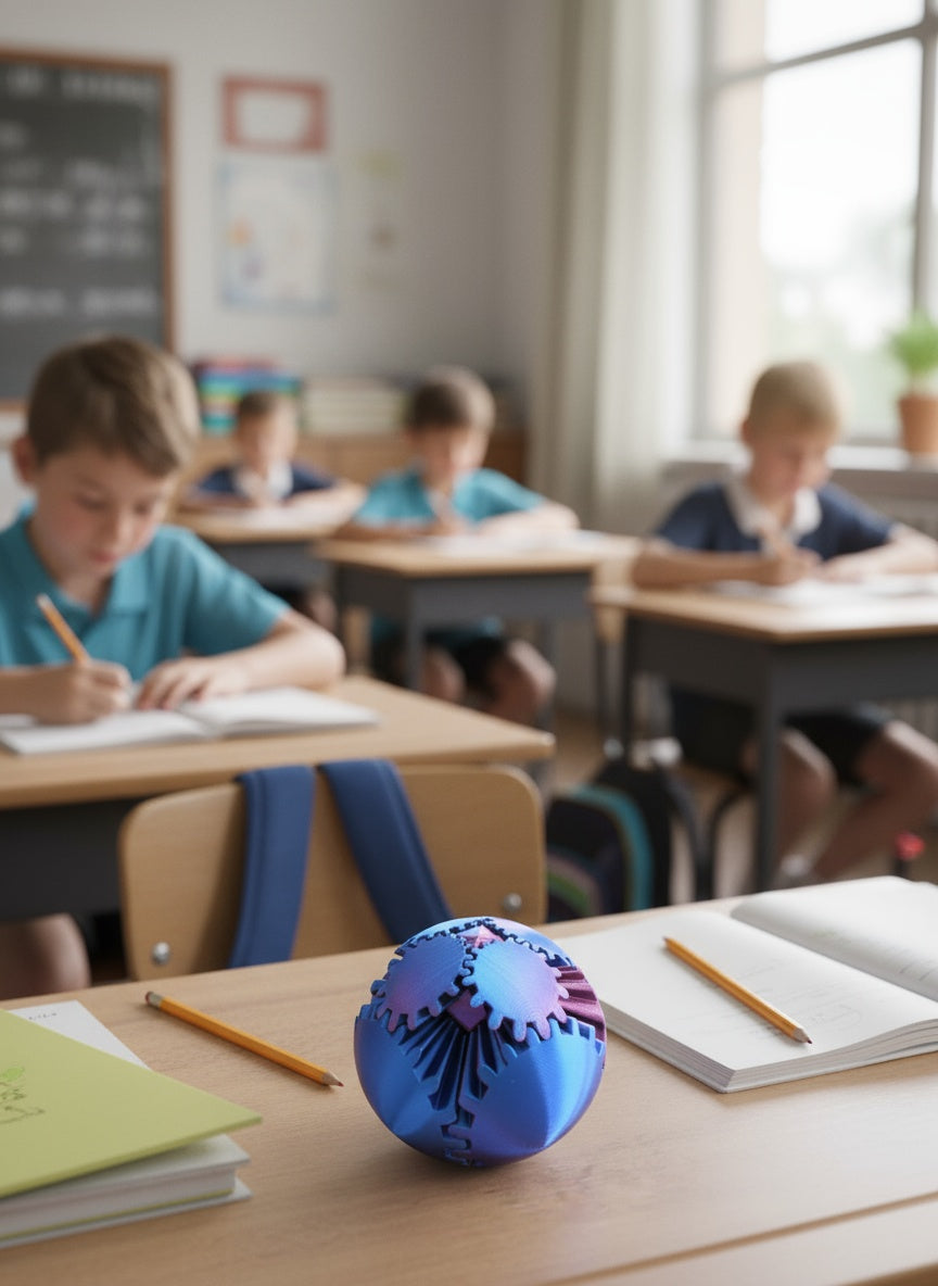 Classroom setting with students at desks and a colorful 3D fidget spinner on a desk.
