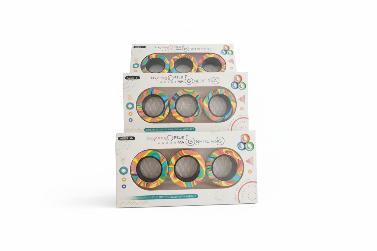 Three packages of a colorful ring product on a wooden surface with a blurred background.