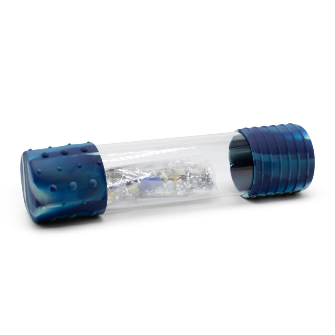 Clear tube with blue grips on a white background