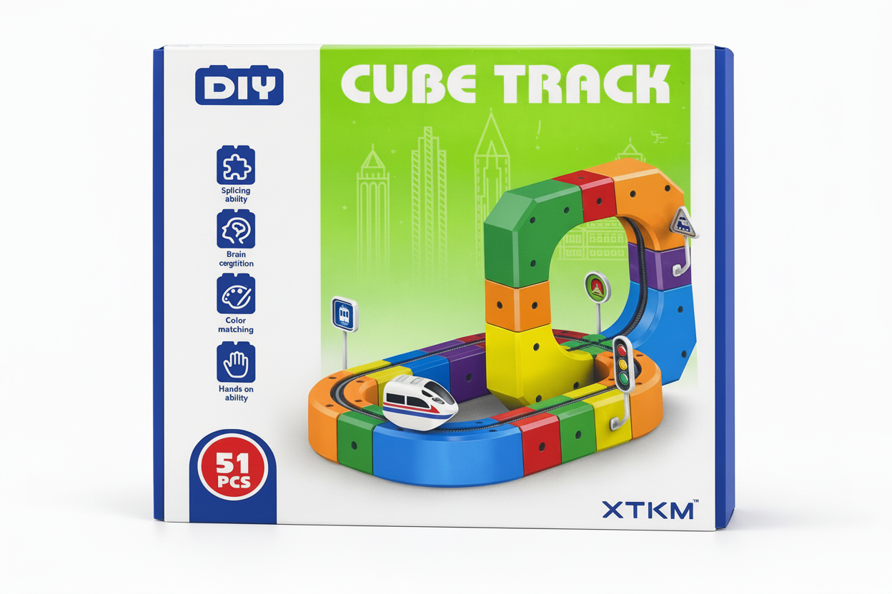 Cube Track DIY toy set box showing a colourful cube train track with a loop design, small white train, skill icons, ‘51 PCS’ label, and XTKM branding on a green and white box.”