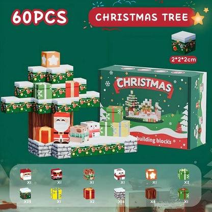 Christmas-themed 60-piece building block set featuring a stacked Christmas tree, Santa, snowman, gift boxes, decorative cubes, and a festive storage box; designed for creative holiday STEM play.