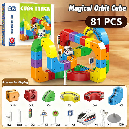 Colorful magnetic track toy set with packaging and accessories on a wooden surface