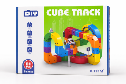 Cube Track DIY toy set box showing a colourful cube train track with a loop design, small white train, skill icons, ‘81 PCS’ label, and XTKM branding on a green and white box.”