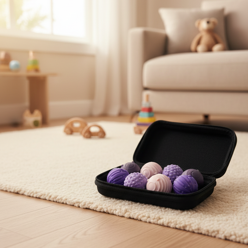Set of 8 purple and pink magnetic sensory stress balls in a hard travel case on a white table, used for ADHD calming, anxiety relief, and tactile sensory play at home.”