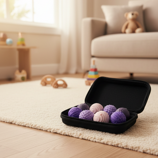 Set of 8 purple and pink magnetic sensory stress balls in a hard travel case on a white table, used for ADHD calming, anxiety relief, and tactile sensory play at home.”
