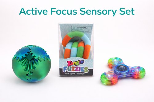 Active Focus Sensory Set with ball, fidget spinner, and packaging on a white background