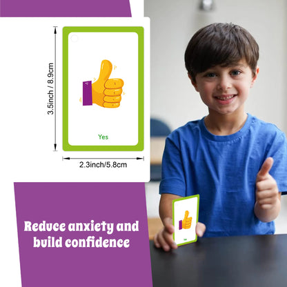 Child holding a card with a thumbs-up symbol and text 'Reduce anxiety and build confidence' on a purple background.