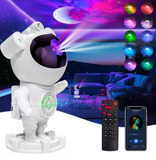 Astronaut robot with light show feature, remote control, and smartphone app on a colorful space-themed background.