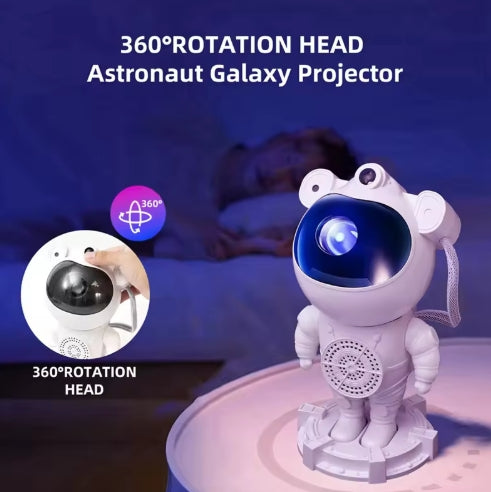 Astronaut galaxy projector with 360-degree rotation head on a dark background