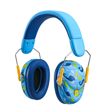Blue kids noise-cancelling earmuffs with adjustable headband and 25dB hearing protection.