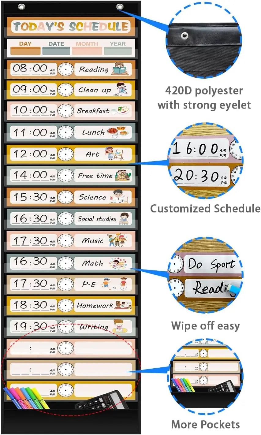 Boho pocket chart showing morning and school routine cards