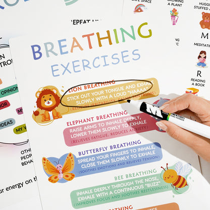 Educational posters about breathing exercises with colorful text and illustrations, held by a hand with a marker.