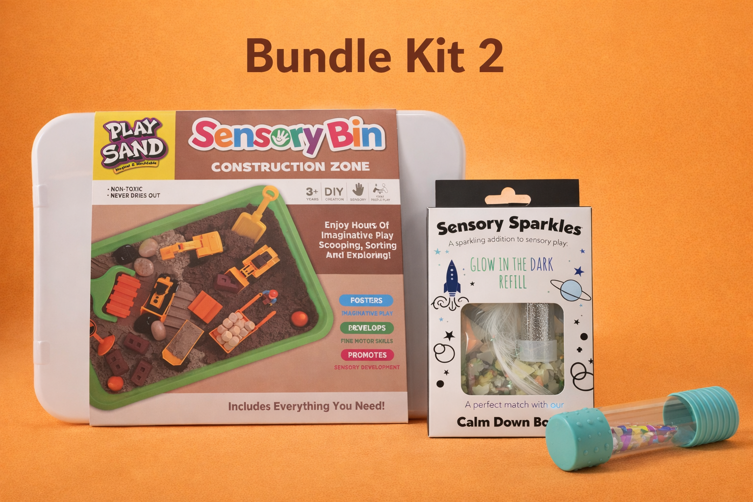 Bundle Kit 2 with Sensory Bin, Play Sand, and Sensory Sparkles on an orange background