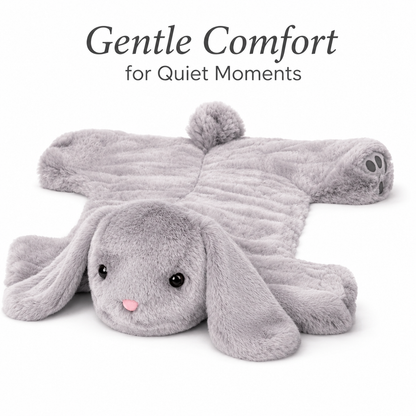 Gray plush bunny toy with text 'Gentle Comfort for Quiet Moments' on a white background