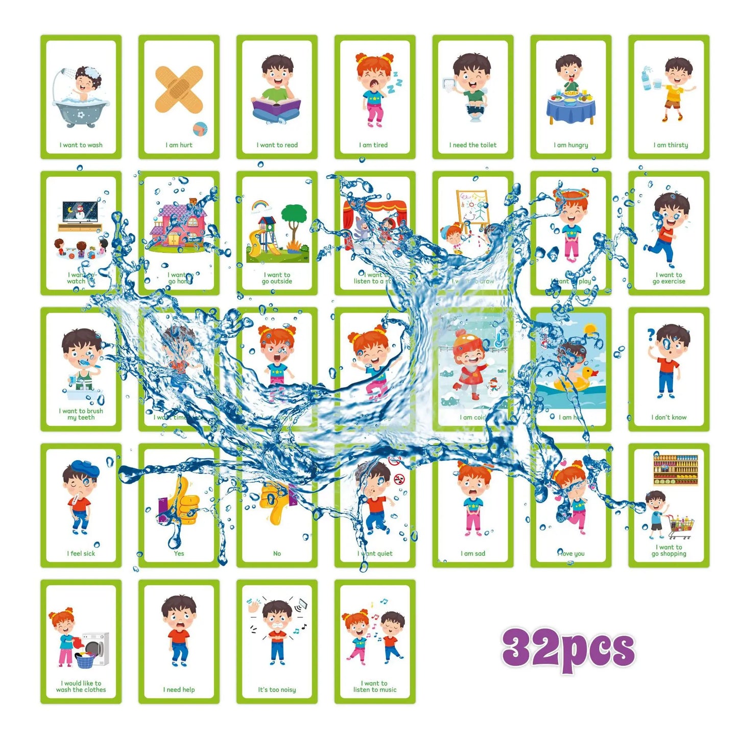 Set of 32 educational cards with cartoon characters and water splashes on a white background.