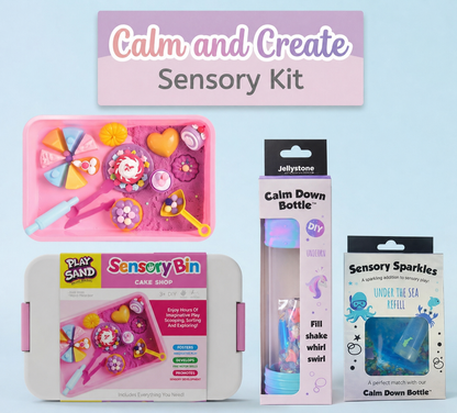 Collection of sensory products including a play sand bin, sensory bin, and bottles on a light blue background.