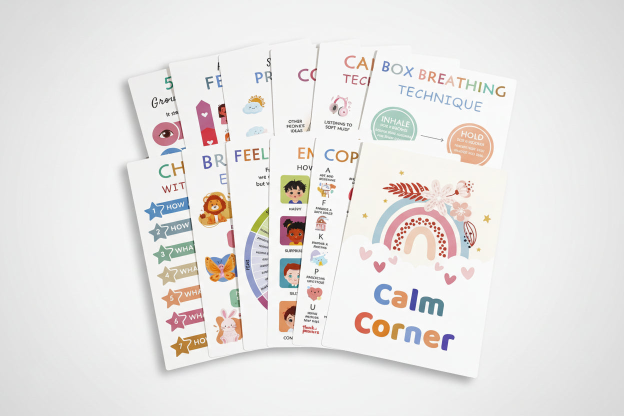 Educational posters on mental health and breathing techniques for children on a white background