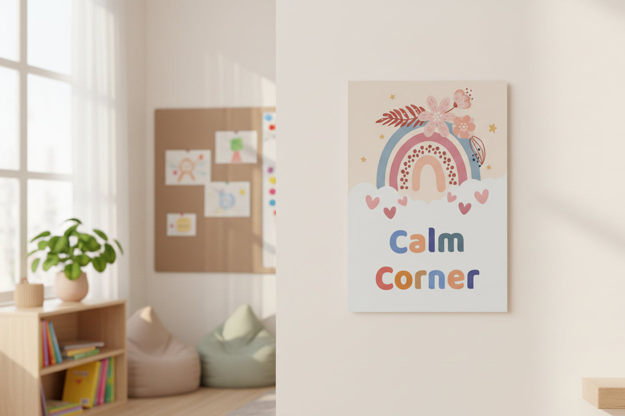 Children's board with 'Calm Corner' design on a plain background