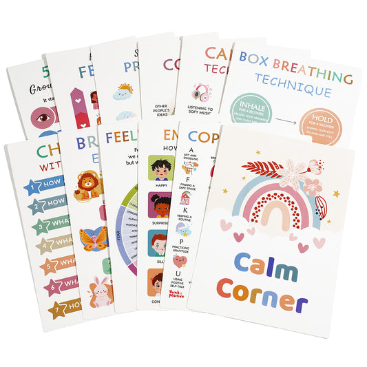 Educational posters on mental health and breathing techniques for children on a white background