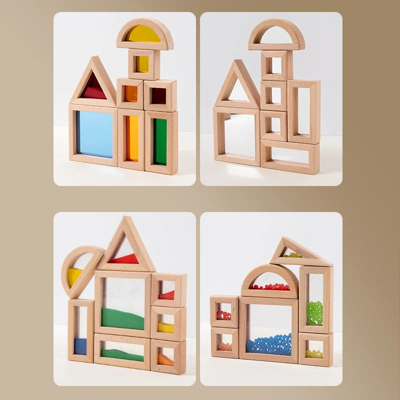 Set of wooden building blocks with colorful inserts on a beige background