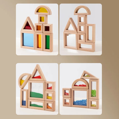 Set of wooden building blocks with colorful inserts on a beige background