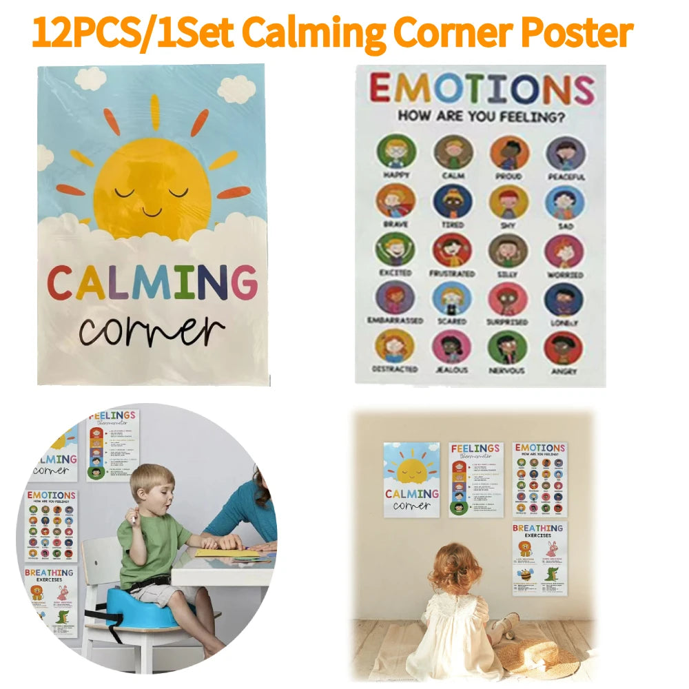 Calming corner poster set with and children using the posters.
