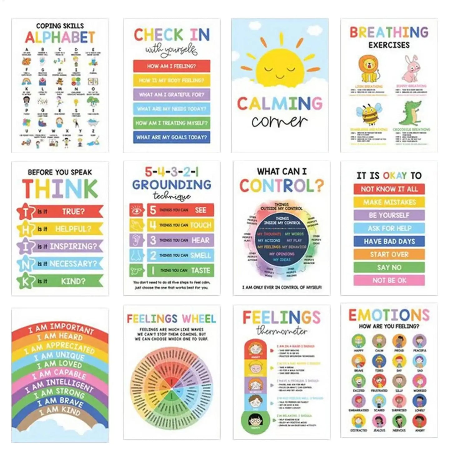 Collection of educational posters on coping skills, emotions, and mindfulness for children.