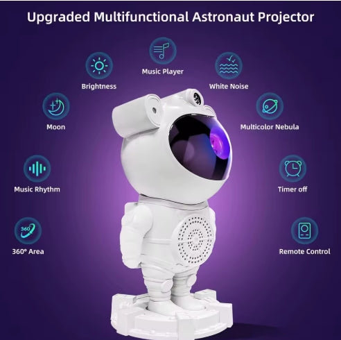 Multifunctional astronaut projector with various light effects on a purple background