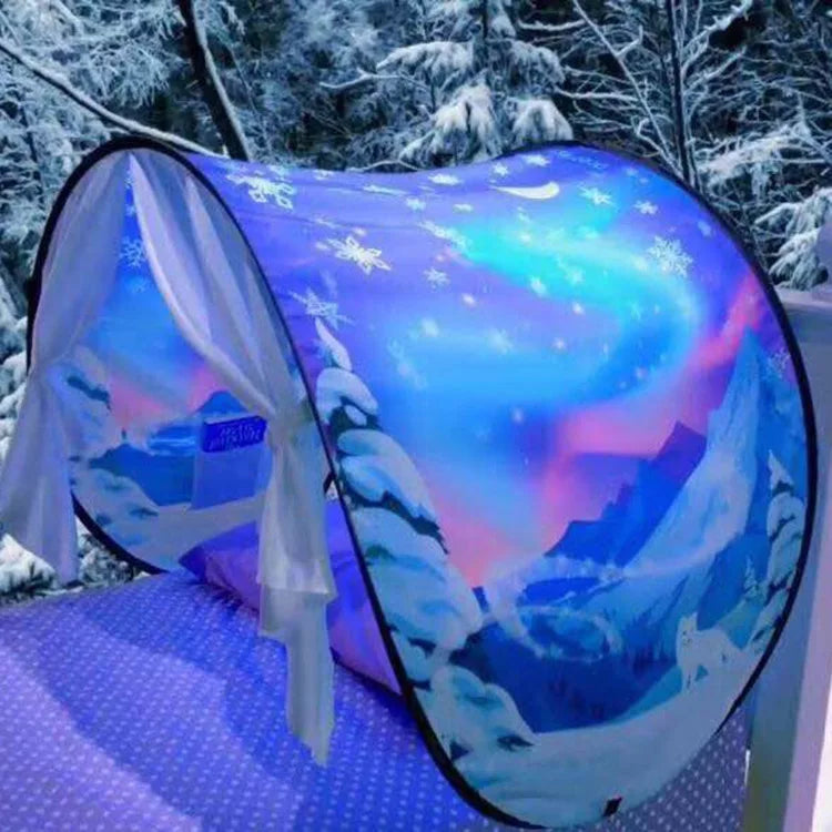 “Calming winter landscape bed tent for kids, offering a cozy enclosed sensory sleep space.”