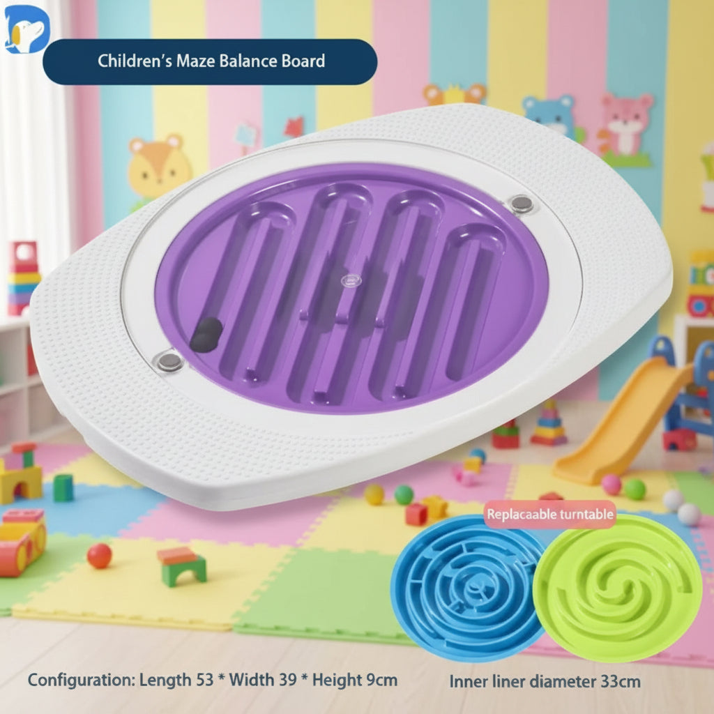 Children’s sensory maze balance board with a purple track and interchangeable blue and green turntable inserts, designed to improve balance, motor skills, and focus for kids with ADHD or sensory needs in a colourful playroom.