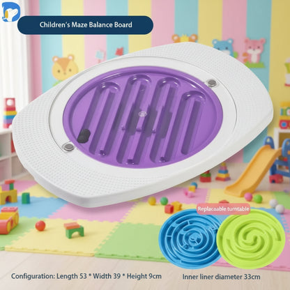 Children’s sensory maze balance board with a purple track and interchangeable blue and green turntable inserts, designed to improve balance, motor skills, and focus for kids with ADHD or sensory needs in a colourful playroom.
